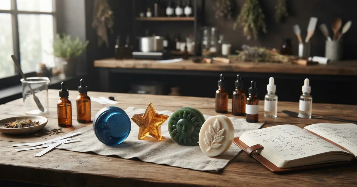 Jabones artesanales con relieves de luna y estrellas junto a frascos de fragancia sin etiqueta y tiras olfativas