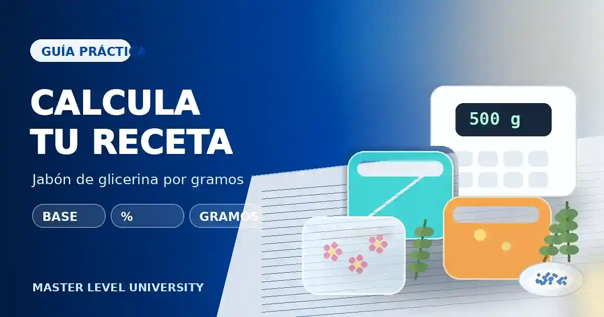 Jabones de glicerina, báscula digital y elementos de cálculo para preparar una receta por gramos