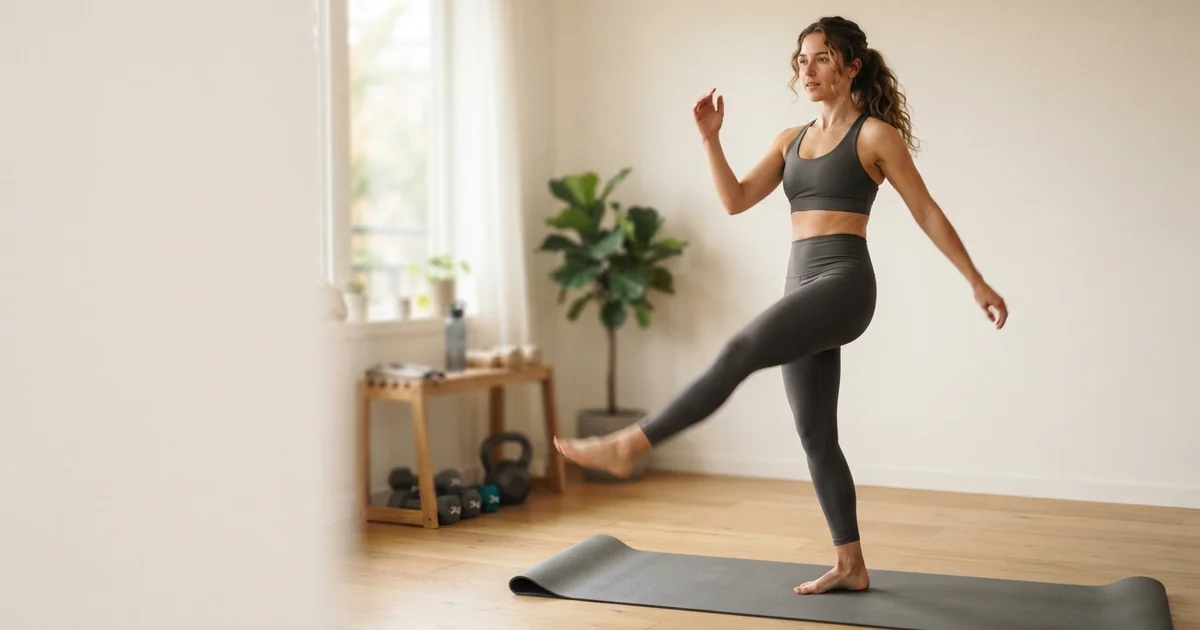 Persona adulta realizando un calentamiento dinámico antes de entrenar en un espacio de ejercicio en casa