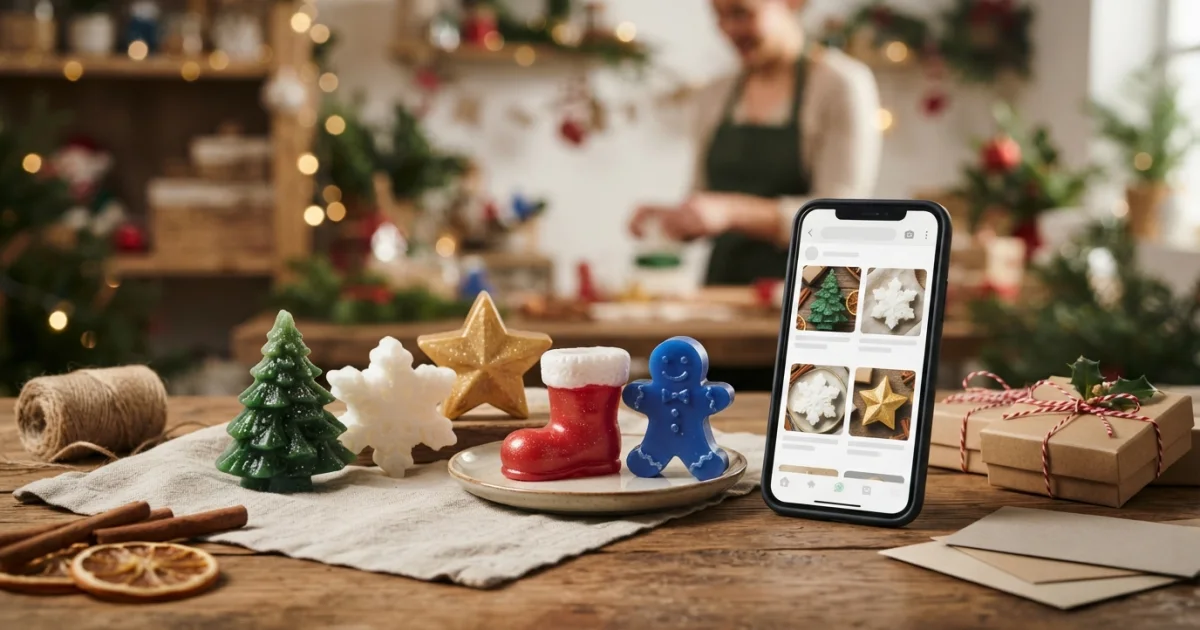 Colección de jabones navideños artesanales junto a un celular con fichas visuales de productos