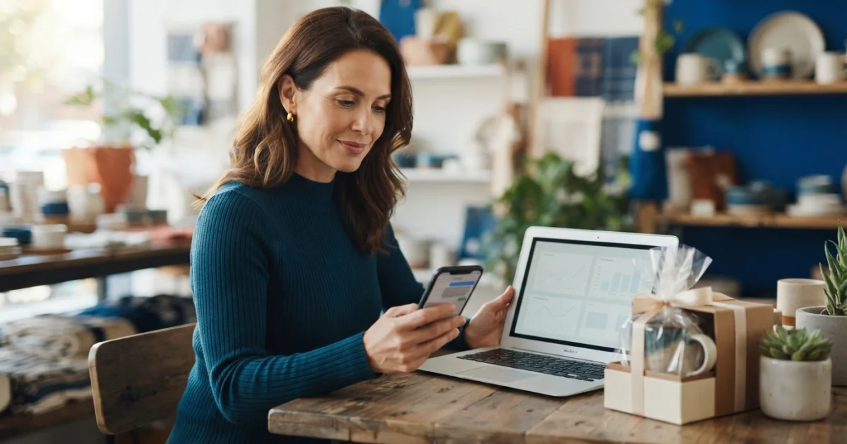 Dueña de un pequeño negocio conversa con un cliente sobre precio mientras revisa una cotización en su teléfono y laptop