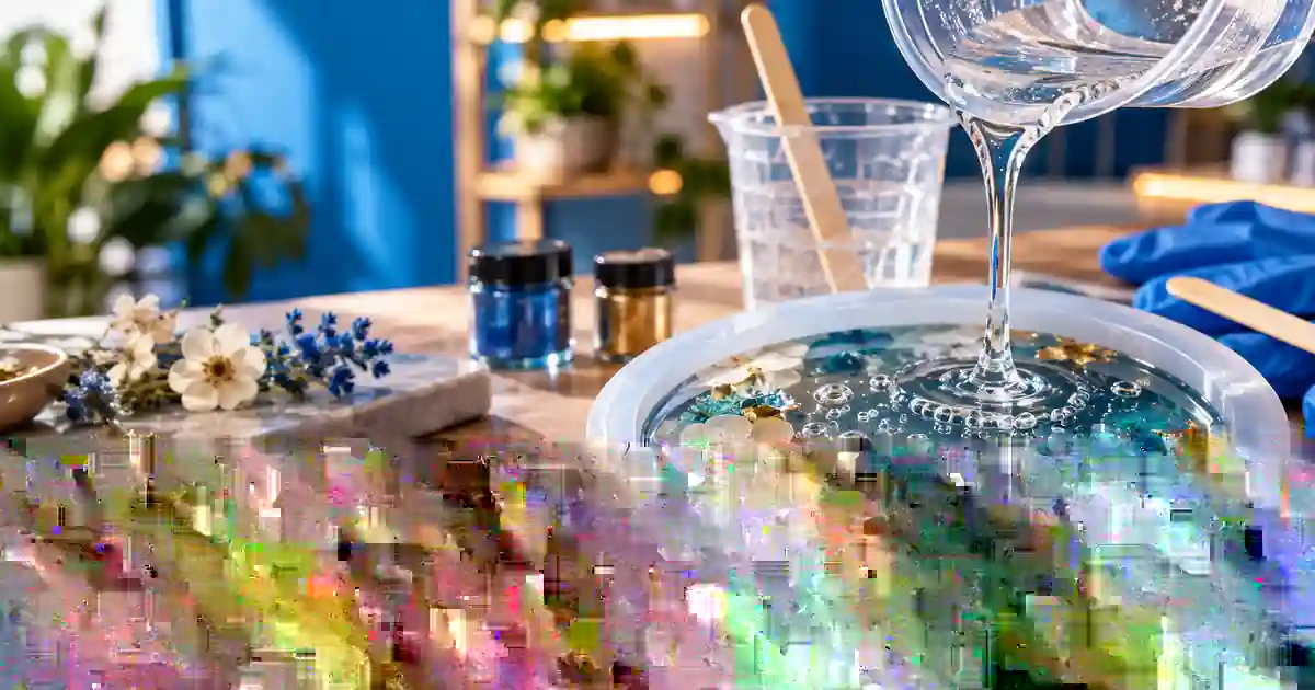 Resina transparente con burbujas vertiéndose en un molde de silicona con flores secas y detalles azules