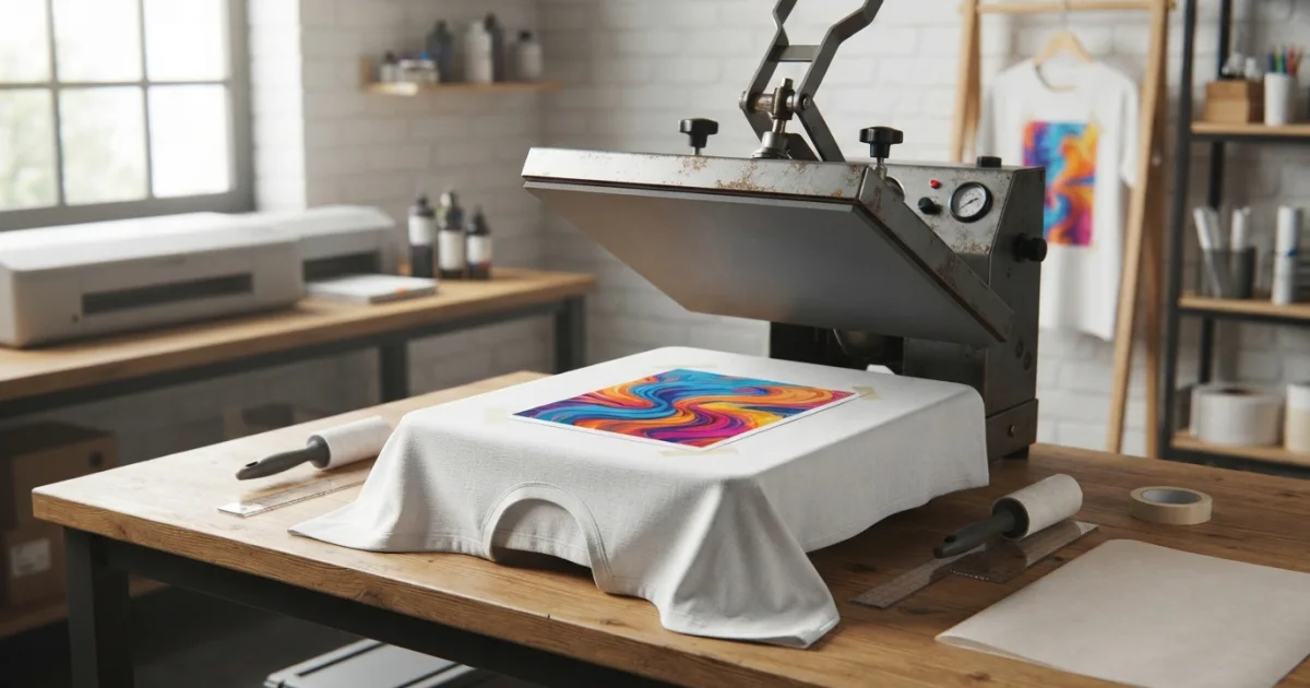 Playera blanca de poliéster sobre una prensa térmica con papel de sublimación, cinta térmica y herramientas de preparación en un taller