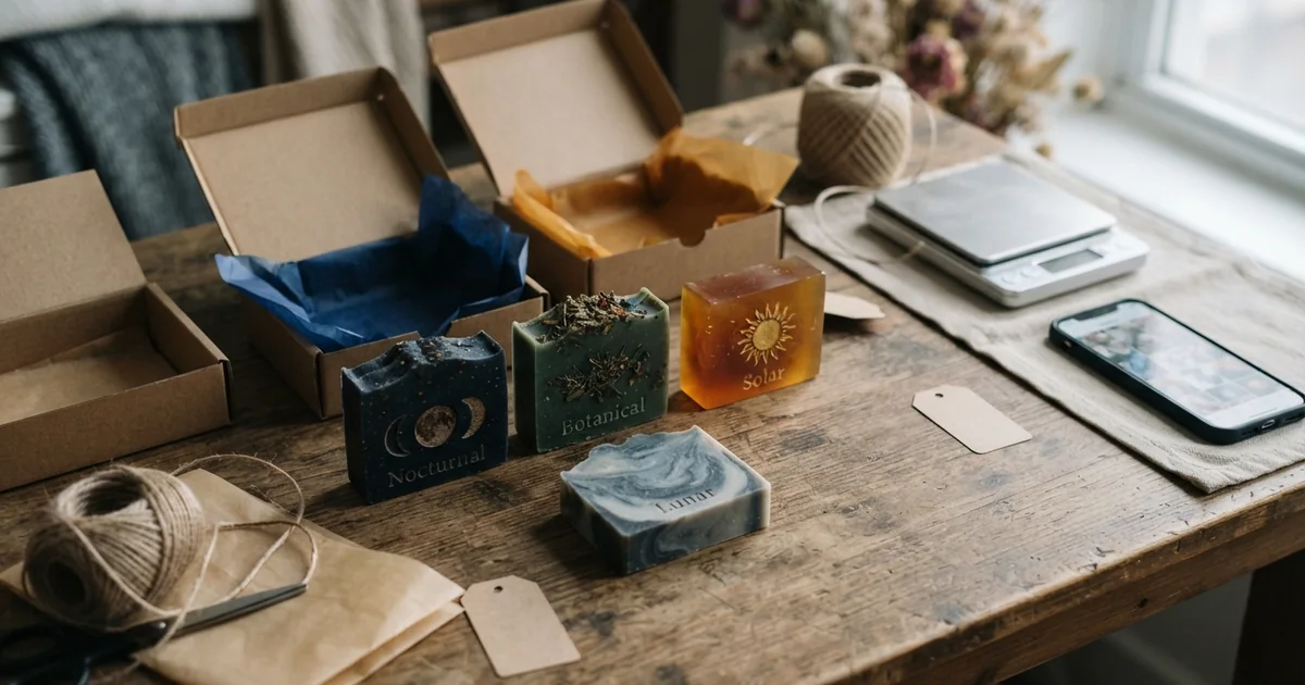 Colección de jabones artesanales de estética esotérica preparada para venta con cajas, etiquetas sin texto, celular y mesa de empaque