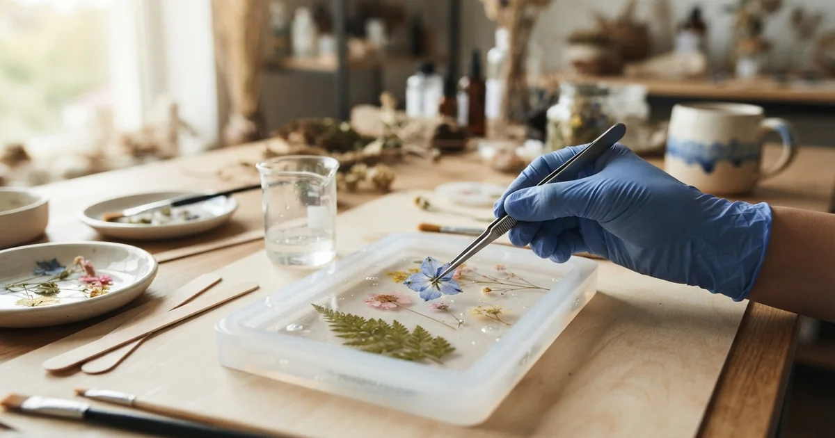 Flores secas prensadas y pinzas junto a un molde de silicona con resina transparente preparada para encapsulado