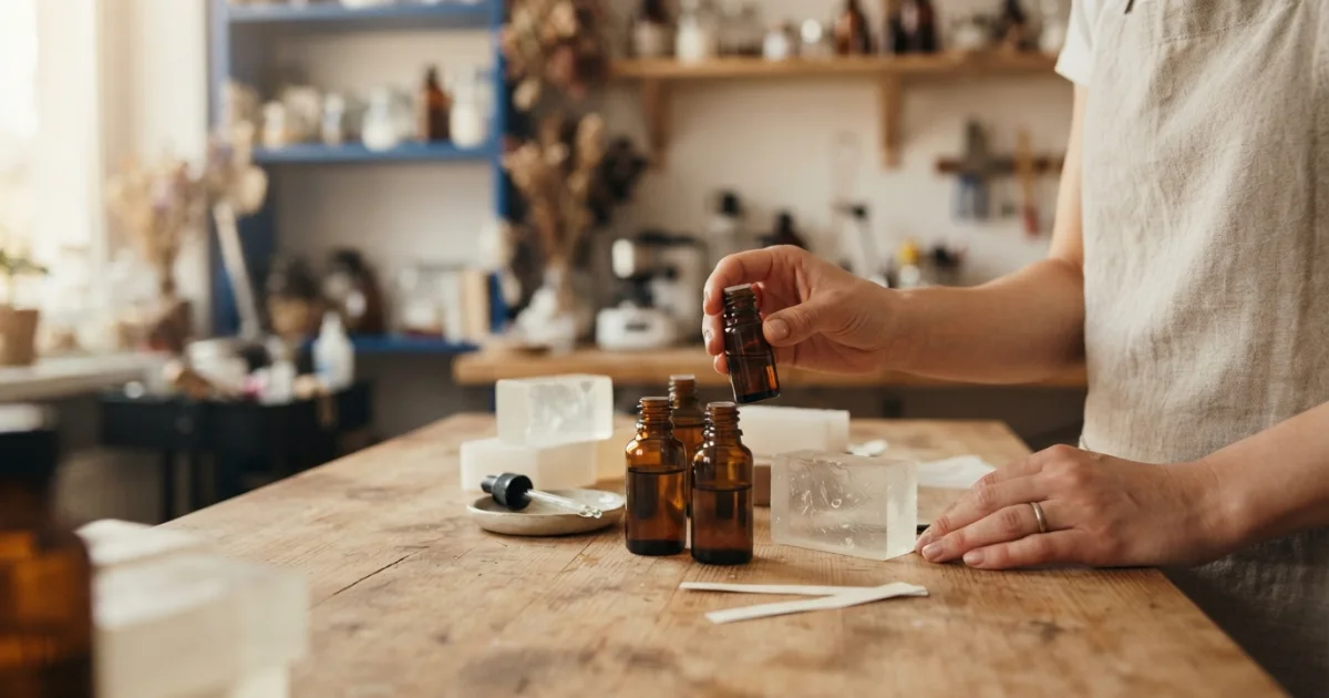 Frascos de fragancias junto a jabones para evaluar aroma, compatibilidad y documentación