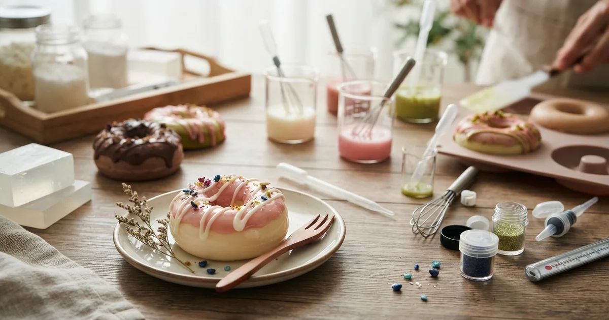 Jabones artesanales de glicerina con forma de dona, decorados con capas de jabón de colores sobre una mesa de trabajo