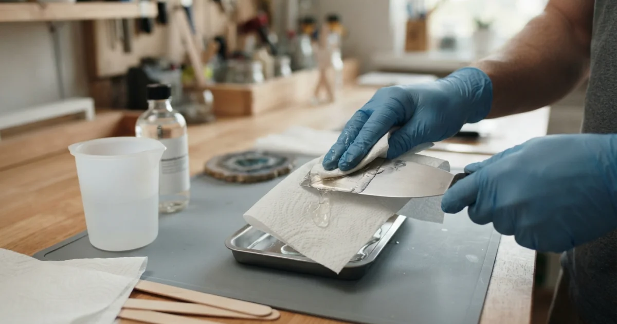 Manos con guantes limpiando una espátula y utensilios de trabajo con restos de resina epóxica sobre una mesa protegida