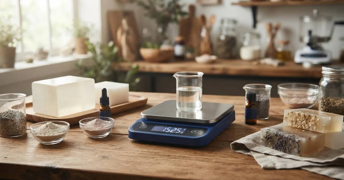 Base de jabón de glicerina sobre una báscula junto a pequeños recipientes con aditivos medidos para formular una receta
