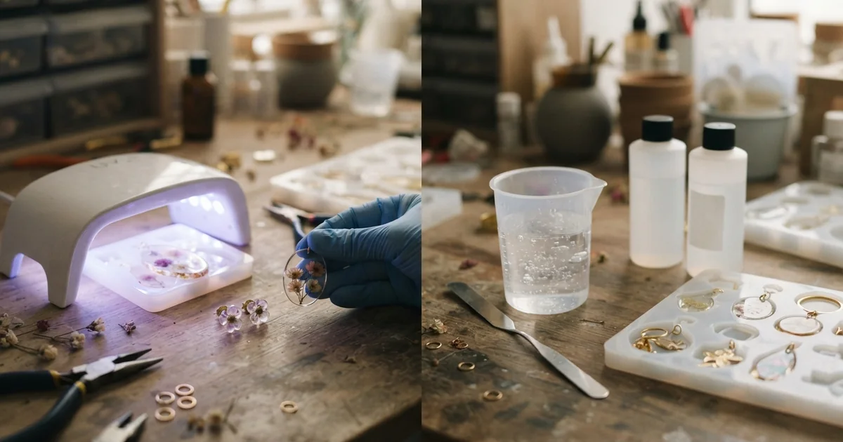 Mesa de joyería con dijes de resina, molde de silicona, lámpara UV compacta y materiales para comparar resina UV y epóxica