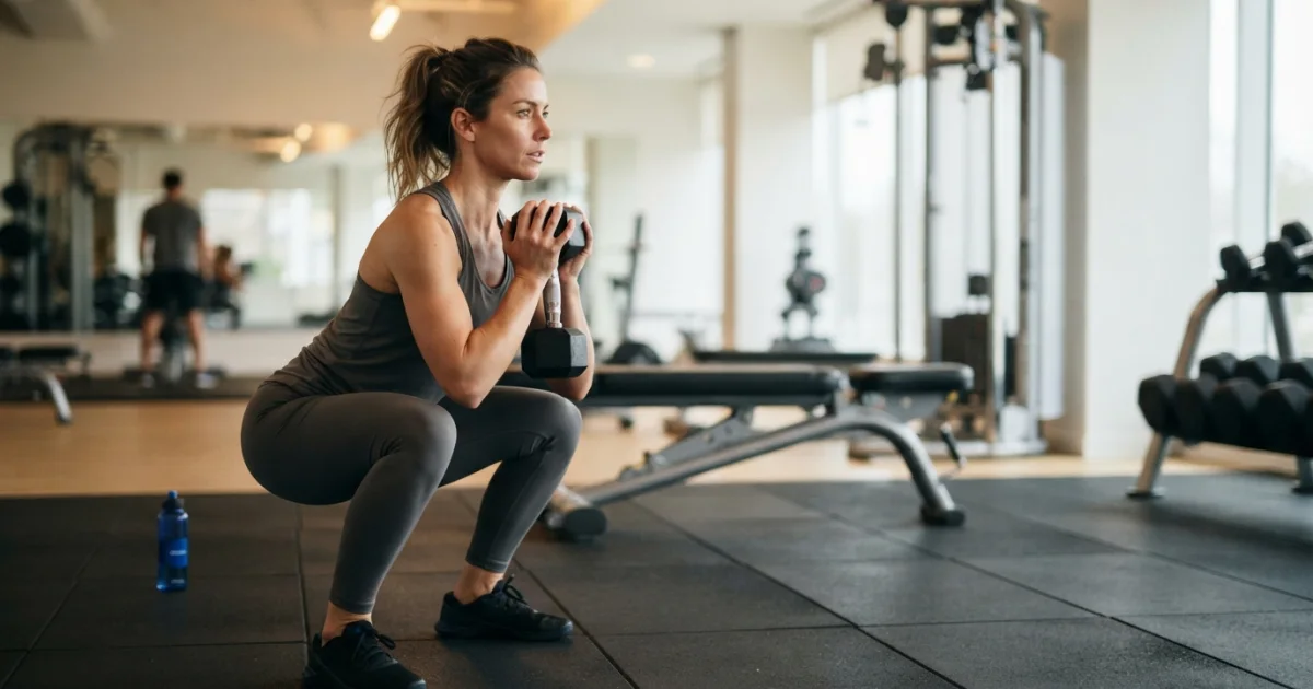Mujer realizando una sentadilla goblet con una mancuerna en un gimnasio moderno