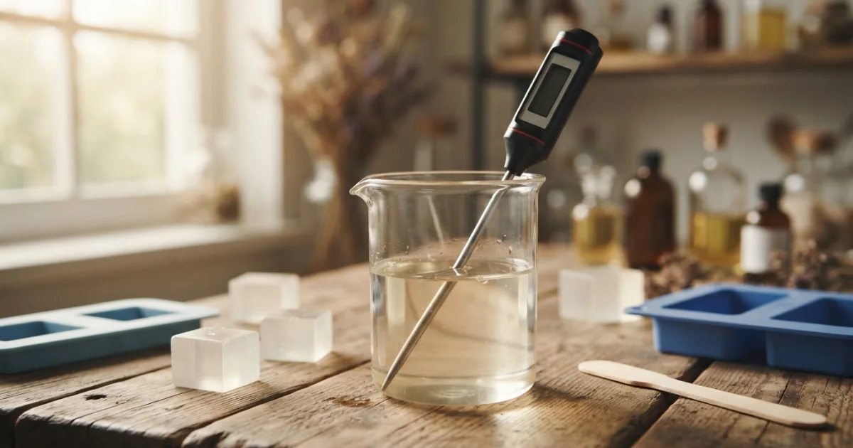 Termómetro digital con sonda junto a un recipiente de base de jabón de glicerina fundida, cubos transparentes y un molde de silicona