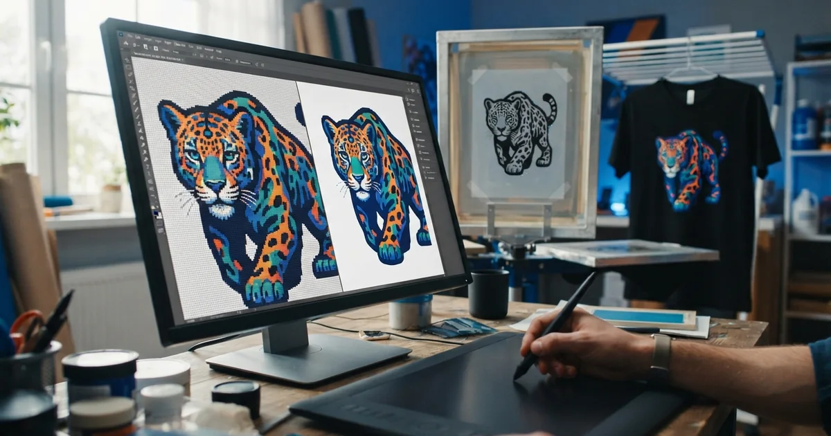 Diseñador revisando en monitor una ilustración raster y su versión vectorial junto a materiales de serigrafía