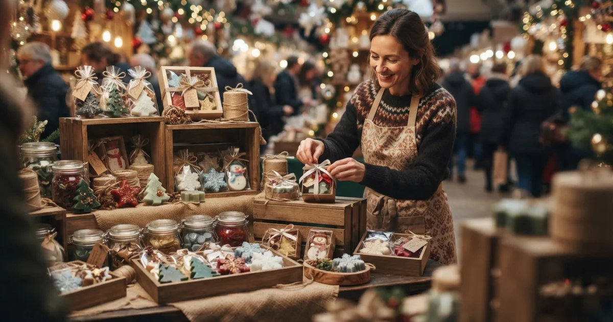 Puesto de feria con jabones navideños artesanales organizados en bandejas y sets de regalo
